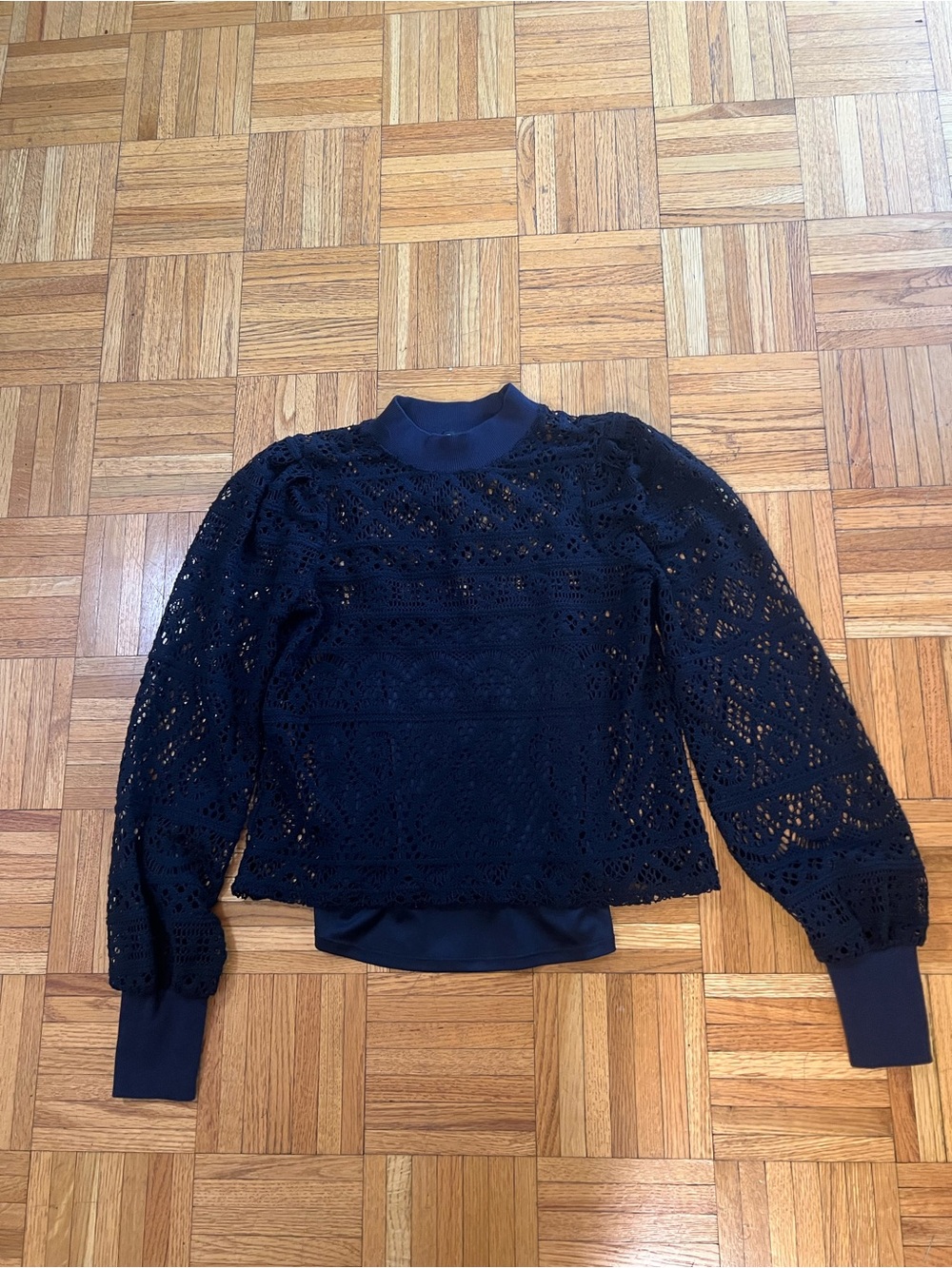 Goth meets Coquette in 1State Black Crochet Lace Pullover Sweater mock neck XS